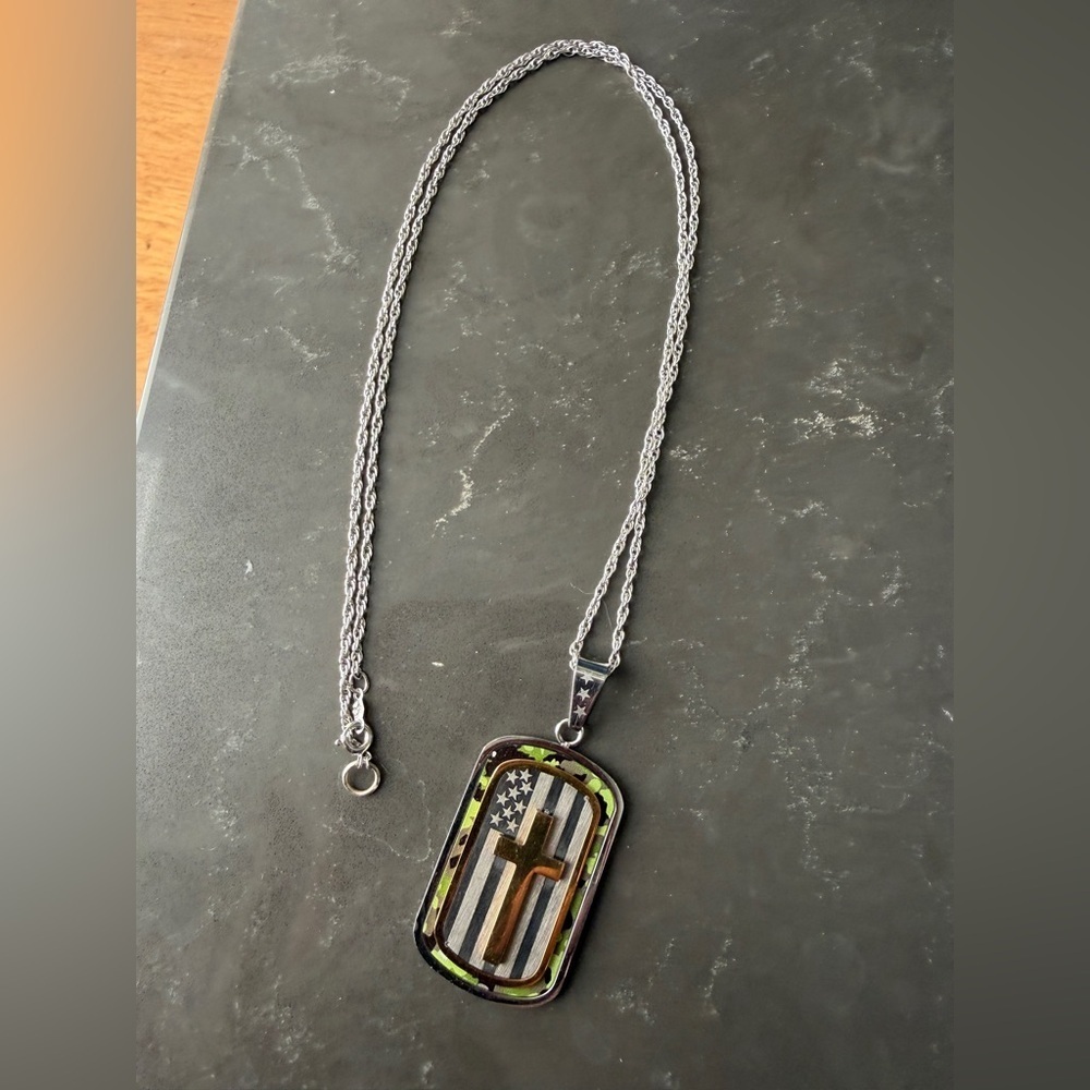 Silver Chain with American Flag Cross Dog Tag Pendant